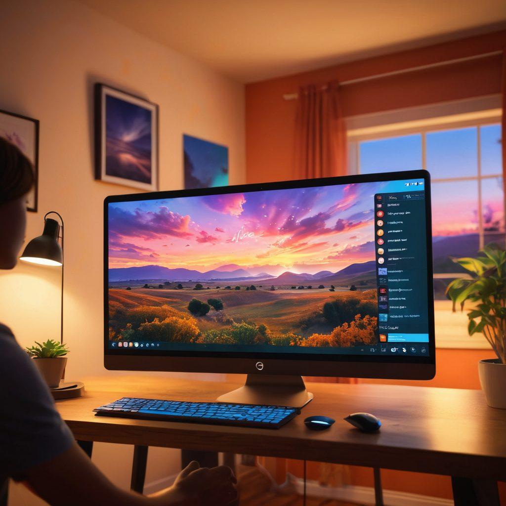 A vibrant digital landscape featuring an intimate cam show setting with soft, warm lighting. The foreground includes a computer screen displaying a live stream with interactive elements, while blurred silhouettes of viewers are in the background. Incorporate elements symbolizing connection and interaction, like chat bubbles or emojis. The overall mood should evoke sensuality and intimacy. super-realistic. vibrant colors. 3D.