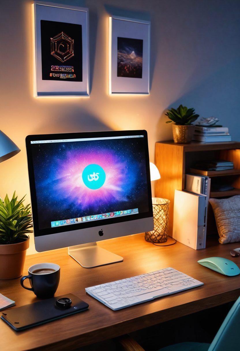 A captivating scene showcasing a modern home office setup, featuring a stylish computer with a webcam, surrounded by colorful lighting and cozy decor. A stylish notebook and a cup of coffee sit nearby, signifying preparation for an engaging chat. The background hints at digital connections with subtle graphics of chat icons and links. The ambiance is warm and inviting, emphasizing comfort and intrigue. super-realistic. vibrant colors. cozy atmosphere.