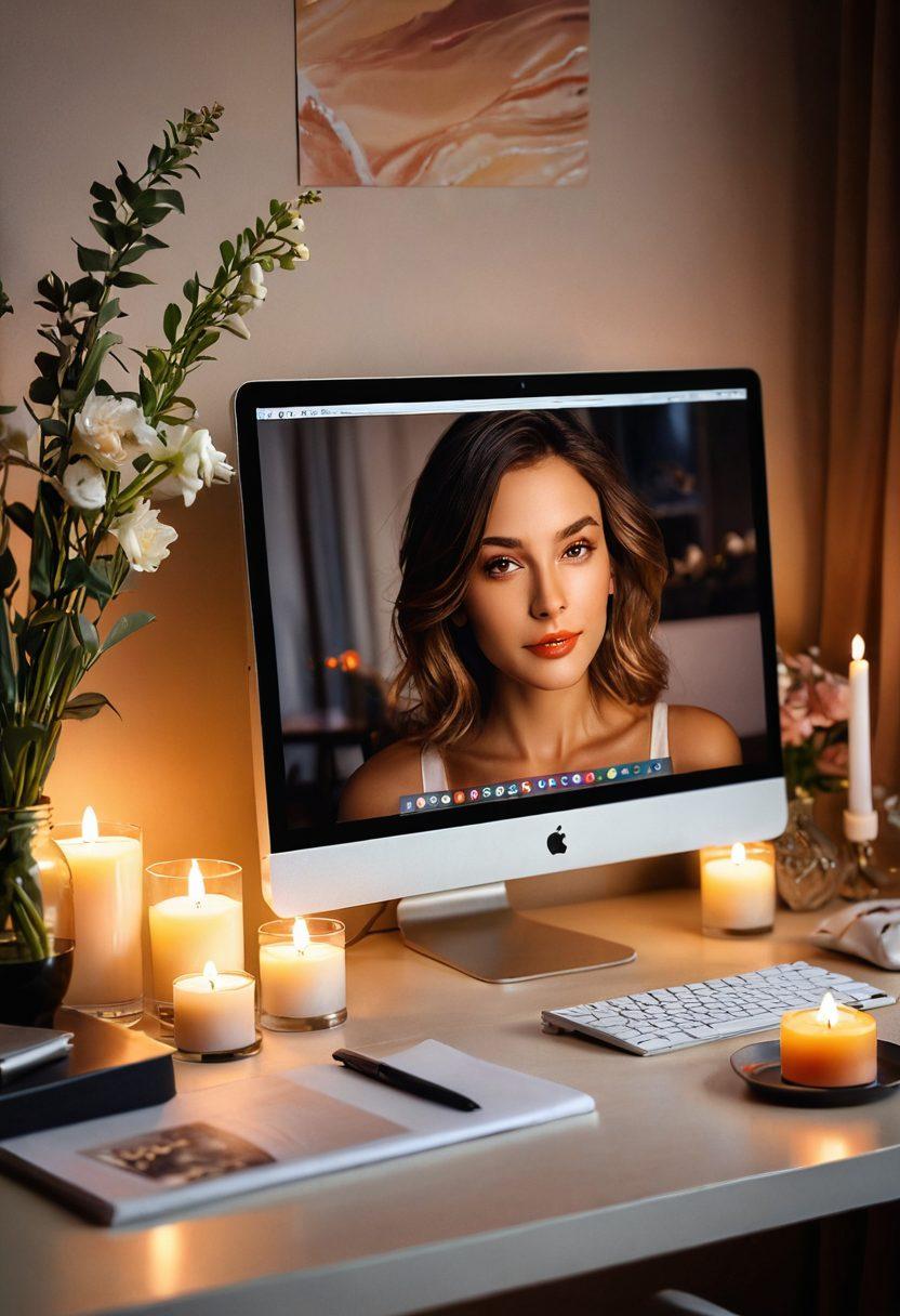 A visually captivating scene depicting an intimate and alluring setting with softly lit ambient colors, featuring a modern webcam setup on a sleek desk adorned with flowers and scented candles. The background includes abstract art that evokes passion and desire, while the foreground shows a hint of a person engaging playfully with the webcam. The atmosphere should feel warm and inviting, emphasizing sensuality and connection. super-realistic. warm tones. intimate ambiance.